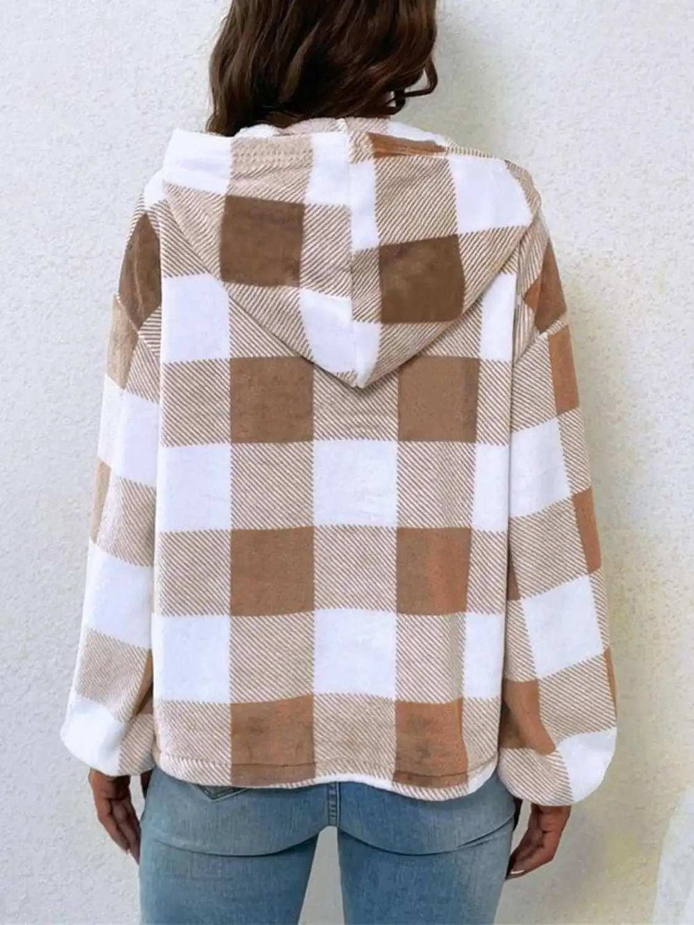 Plaid Half Button Long Sleeve Hoodie - Trendsi - Flyclothing LLC