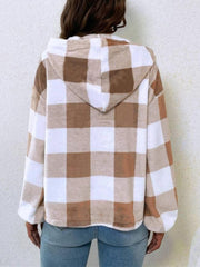 Plaid Half Button Long Sleeve Hoodie - Trendsi