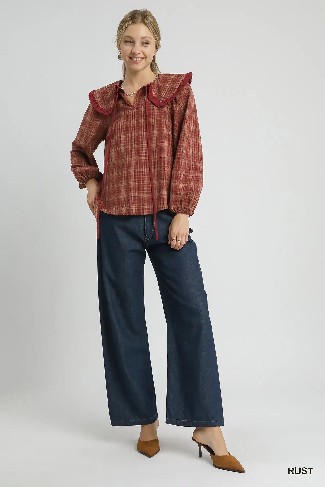 Umgee Full Size Plaid Ruffle Collar Blouse Plus Size - Trendsi - Flyclothing LLC