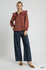 Umgee Full Size Plaid Ruffle Collar Blouse Plus Size - Trendsi - Flyclothing LLC