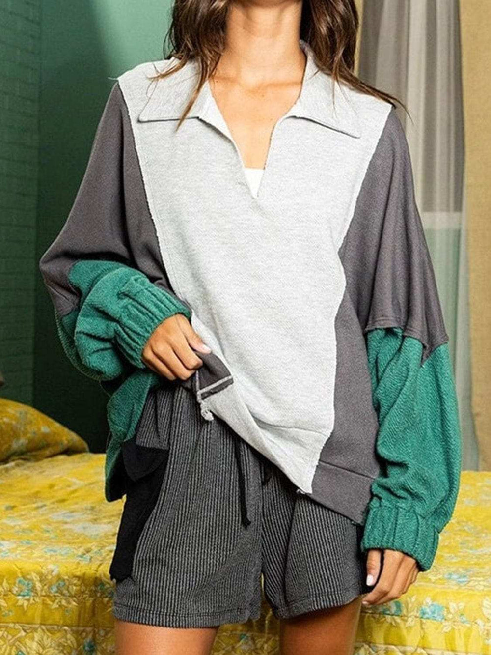 High-Low Exposed Seam Contrast Long Sleeve Sweatshirt - Trendsi - Flyclothing LLC