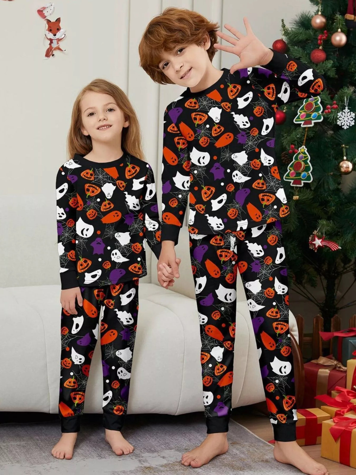 Full Size Halloween Themed Family Matching Pajama Set with Ghost and Pumpkin Print Plus Size - Trendsi - Flyclothing LLC