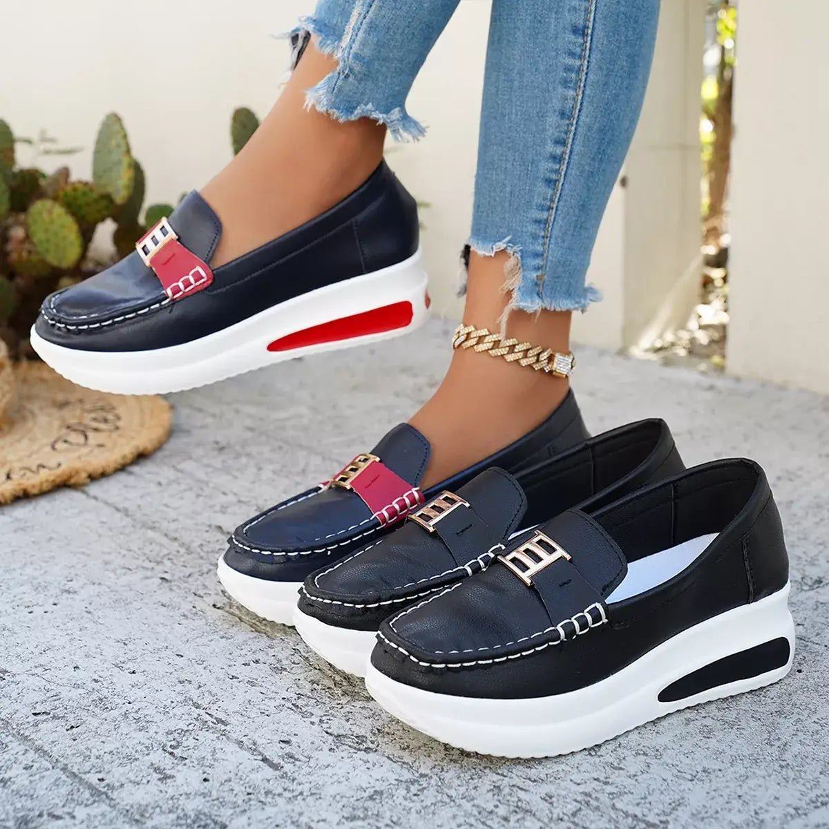Metal Buckle Round Toe Slip-Ons - Trendsi - Flyclothing LLC