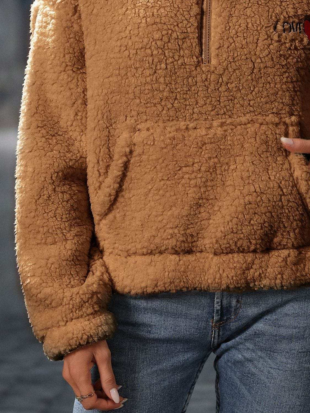 Heart Half Zip Long Sleeve Teddy Sweatshirt - Trendsi - Flyclothing LLC