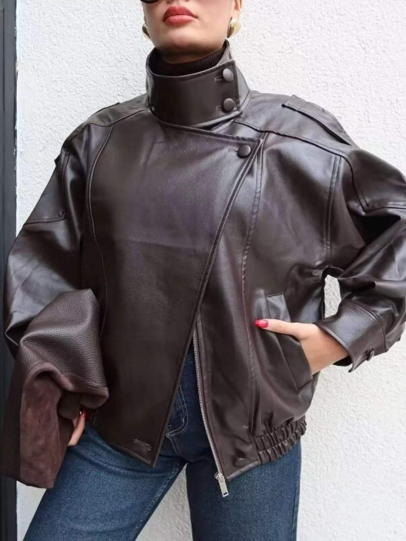 Zip-Up Faux Leather Moto Jacket - Trendsi - Flyclothing LLC