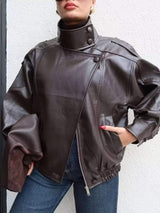 Zip-Up Faux Leather Moto Jacket - Trendsi - Flyclothing LLC