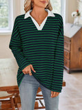 Striped Johnny Collar Long Sleeve T-Shirt - Trendsi - Flyclothing LLC