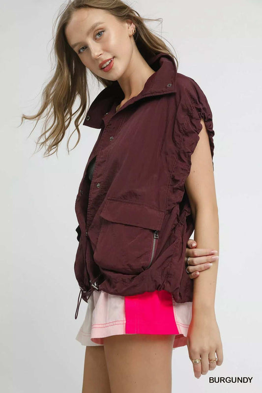 Umgee Drawstring Hem Nylon Vest with Pockets - Trendsi - Flyclothing LLC