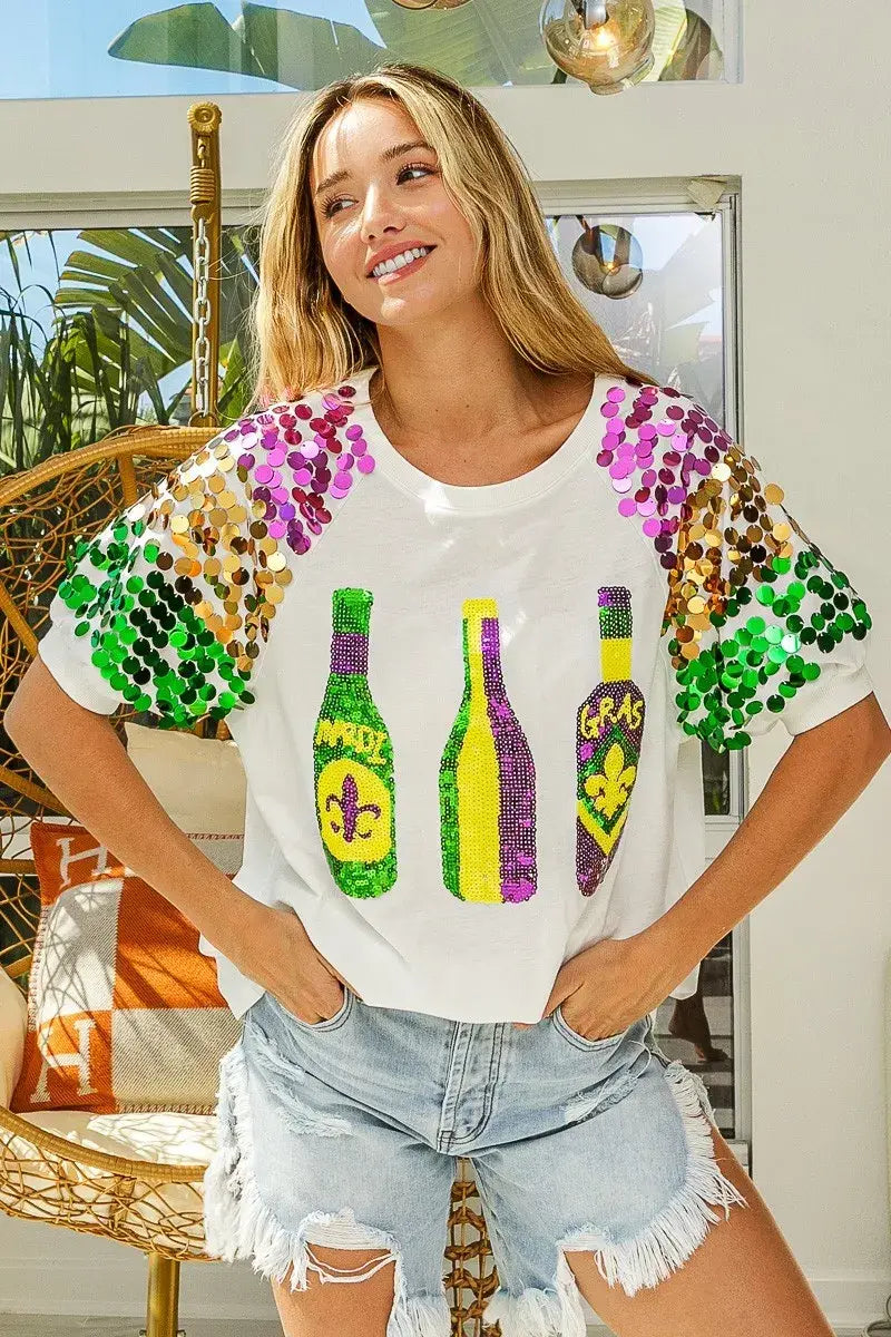 BiBi Sequin Mardi Gras Bottles Spangled Sleeve Top - Trendsi - Flyclothing LLC