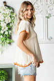 First Love Full Size Contrast Wavy Crochet Drop Shoulder Knit Top - Trendsi