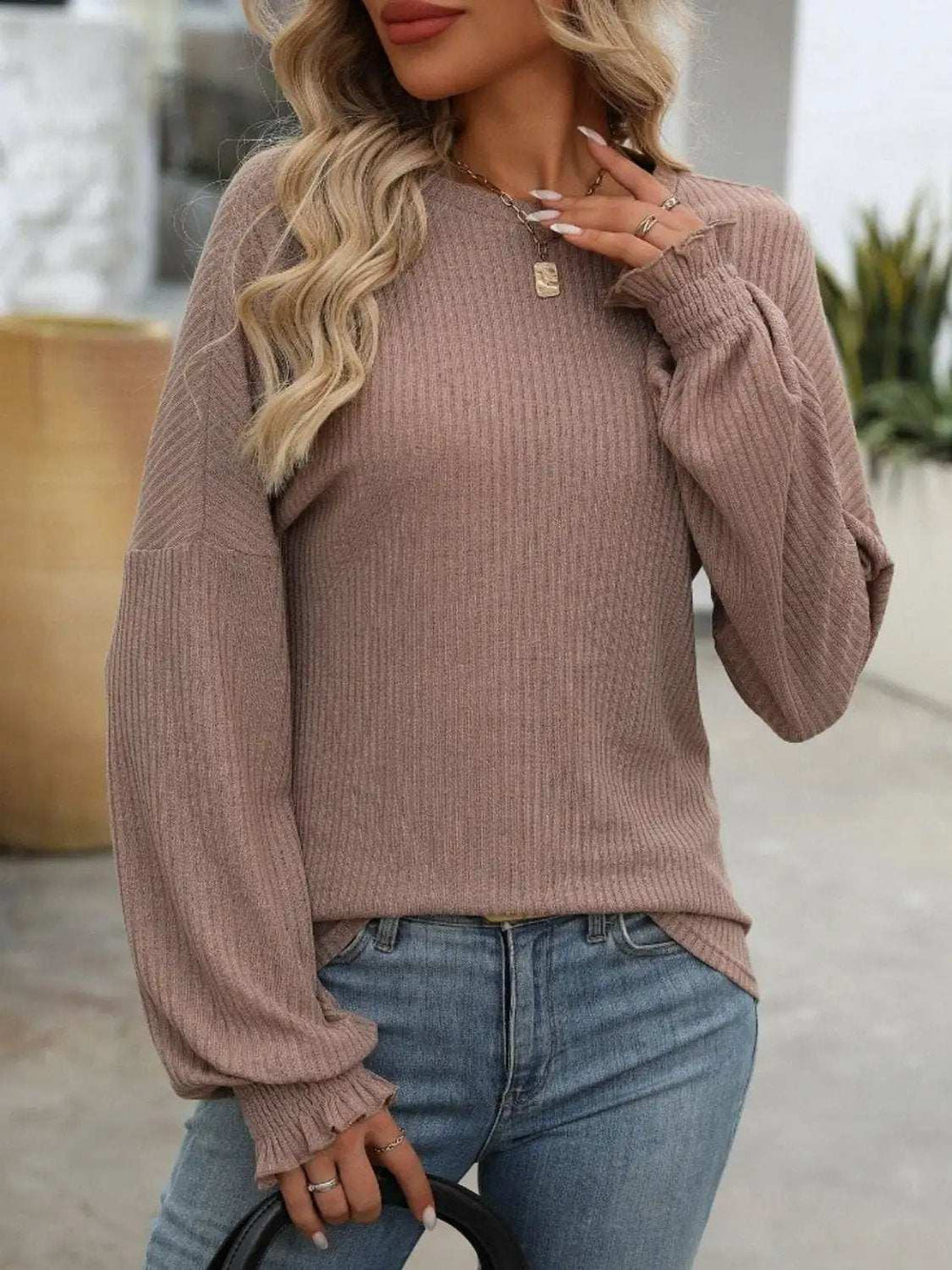Ribbed Round Neck Long Sleeve T-Shirt - Trendsi - Flyclothing LLC