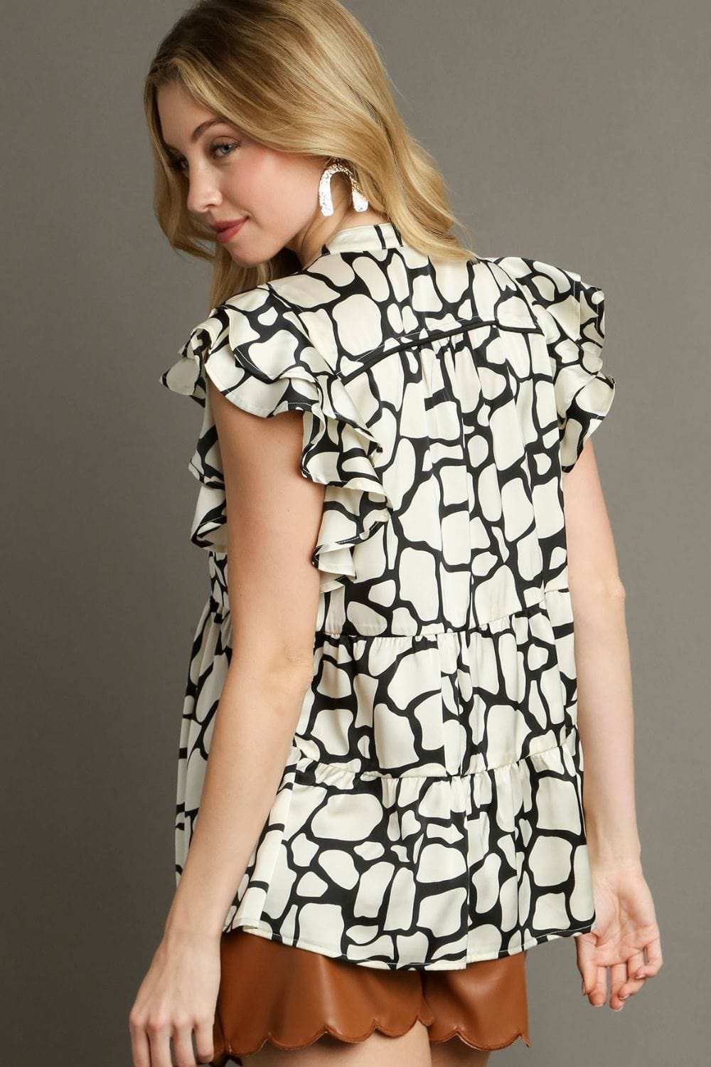 Umgee Full Size Two Tone Animal Print Notched Ruffle Cap Sleeve Blouse Plus Size - Trendsi - Flyclothing LLC