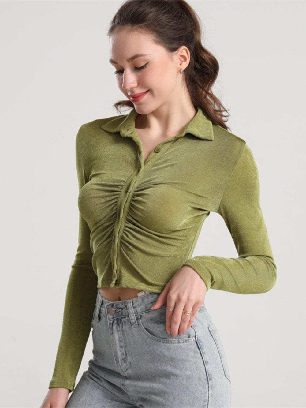 Ruched Button Up Long Sleeve T-Shirt - Trendsi - Flyclothing LLC