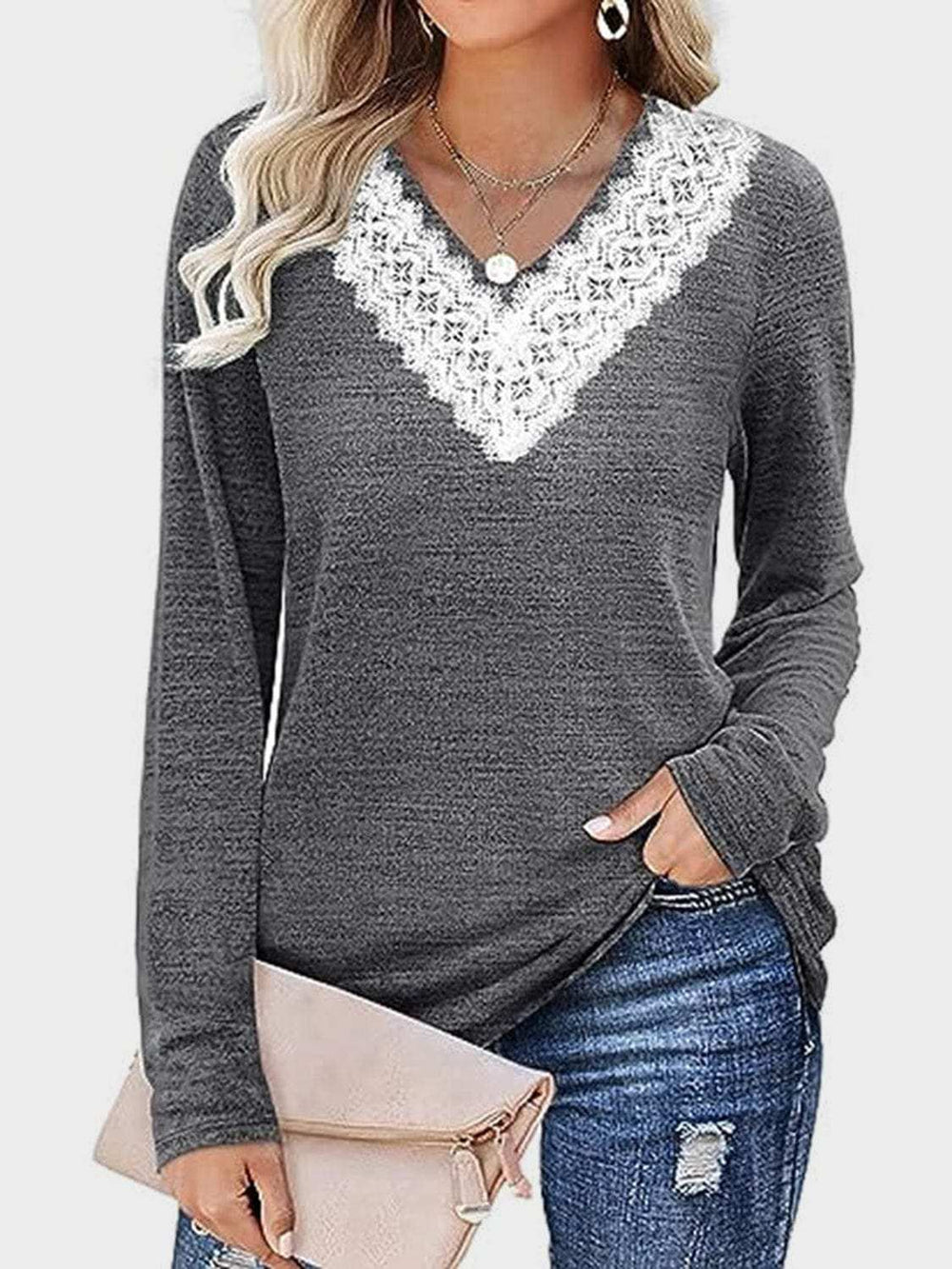 Lace Detail V-Neck Long Sleeve T-Shirt - Trendsi - Flyclothing LLC