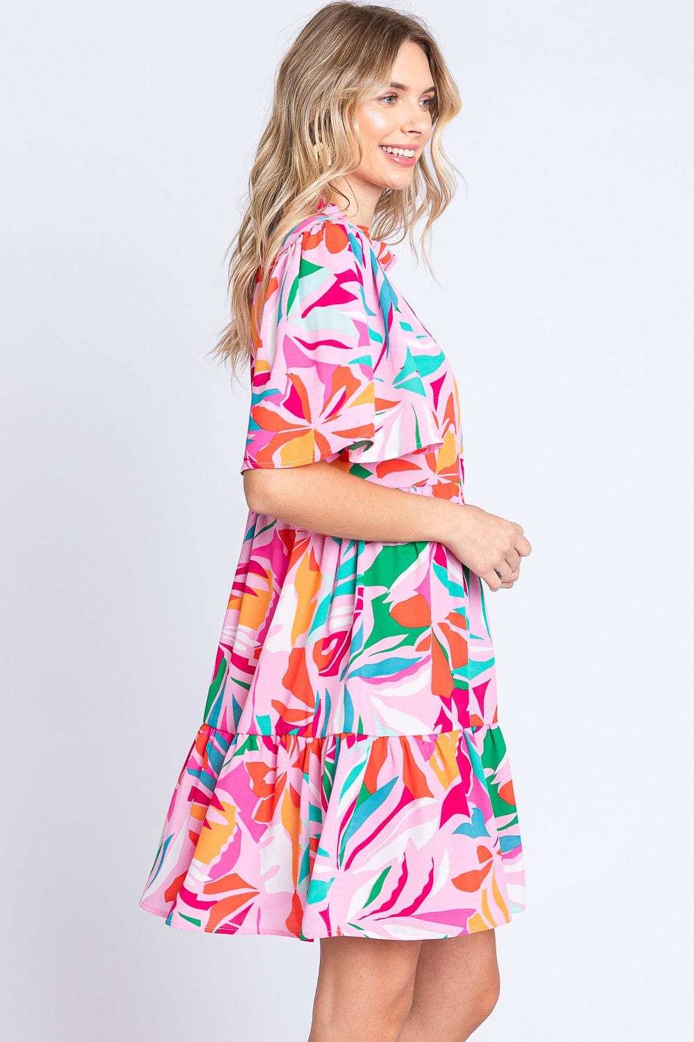 GeeGee Printed Short Sleeve Ruffle Hem Dress - Trendsi - Flyclothing LLC