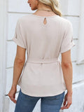 Tied Pleated Round Neck Short Sleeve Top - Trendsi
