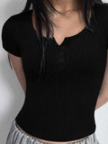 Ribbed Button Detail Round Neck Short Sleeve T-Shirt - Trendsi - Flyclothing LLC