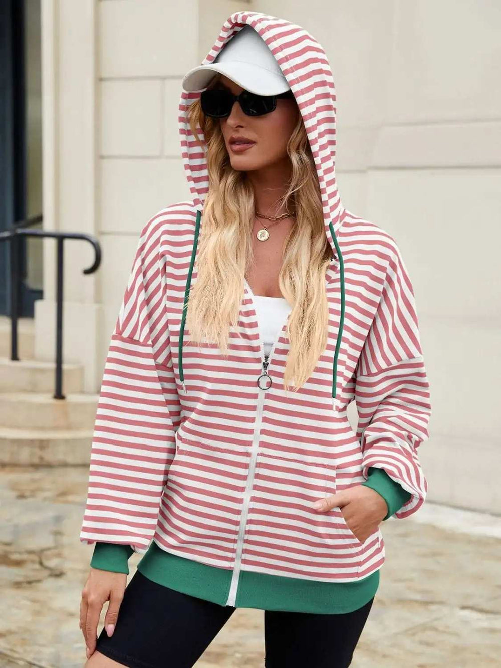 Drawstring Striped Zip Up Long Sleeve Hoodie - Trendsi - Flyclothing LLC