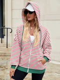 Drawstring Striped Zip Up Long Sleeve Hoodie - Trendsi - Flyclothing LLC