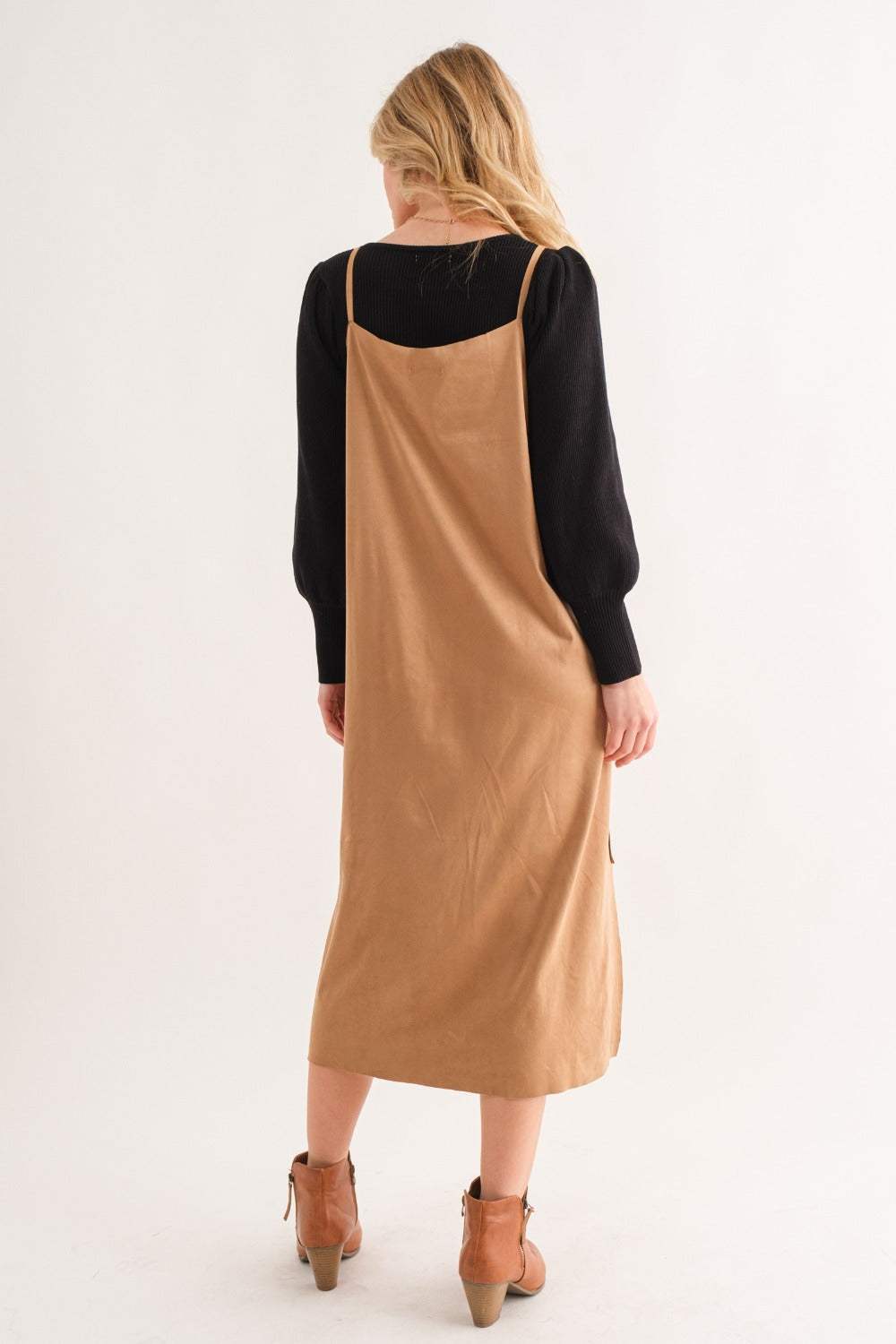 And The Why Faux Suede Cut Edge Slit Cami Midi Dress - Trendsi - Flyclothing LLC