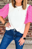 Round Neck Contrast Tweed Puff Sleeve Top - Trendsi - Flyclothing LLC