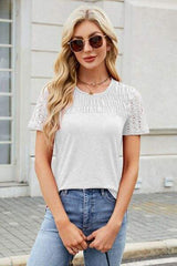 Smocked Round Neck Short Sleeve T-Shirt - Trendsi - Flyclothing LLC