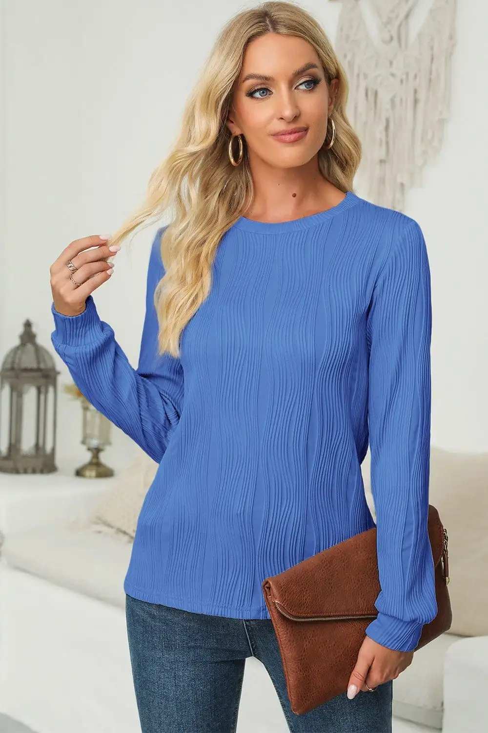 Textured Round Neck Long Sleeve Blouse - Trendsi - Flyclothing LLC