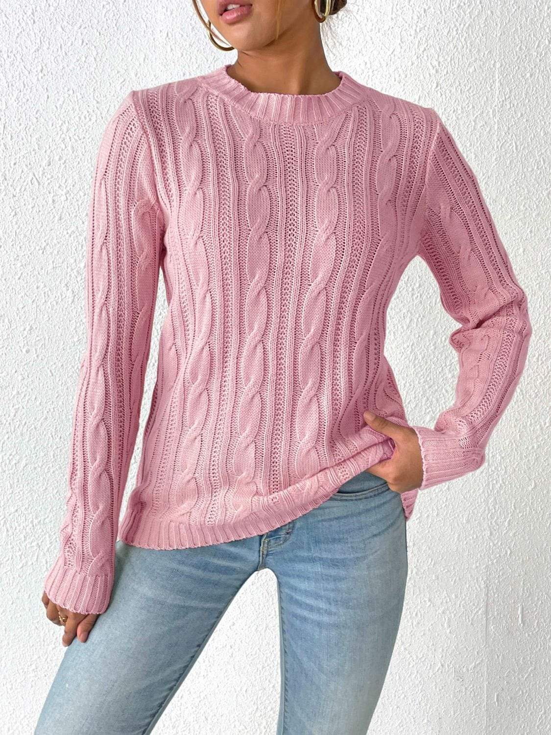 Cable-Knit Round Neck Sweater - Trendsi - Flyclothing LLC