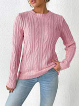 Cable-Knit Round Neck Sweater - Trendsi - Flyclothing LLC