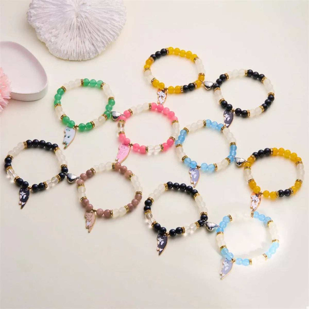 2 Piece Beaded Cat Charm Bracelet - Trendsi - Flyclothing LLC