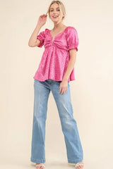 And The Why Satin Leopard V Wired Puff Sleeves Blouse - Trendsi - Flyclothing LLC