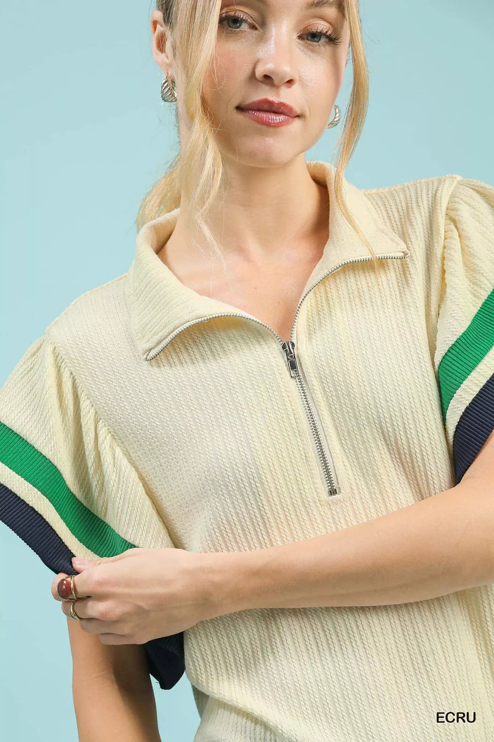 Umgee Textured Half Zip Top with Striped Flutter Sleeves - Trendsi - Flyclothing LLC