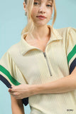Umgee Textured Half Zip Top with Striped Flutter Sleeves - Trendsi - Flyclothing LLC