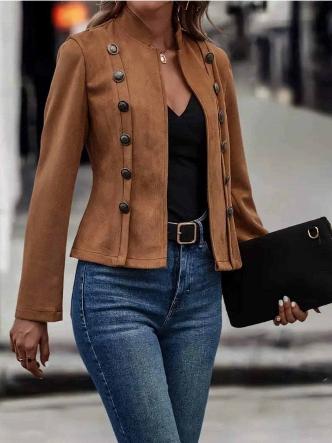 Decorative Button Open Front Long Sleeve Jacket - Trendsi - Flyclothing LLC