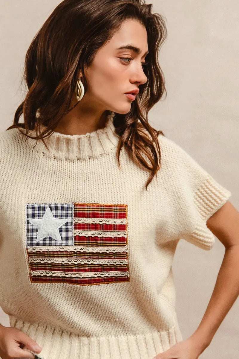 BiBi American Flag Patchwork Drop Shoulder Sweater - Trendsi - Flyclothing LLC