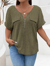 Plus Size Half Zip Short Sleeve T-Shirt - Trendsi - Flyclothing LLC