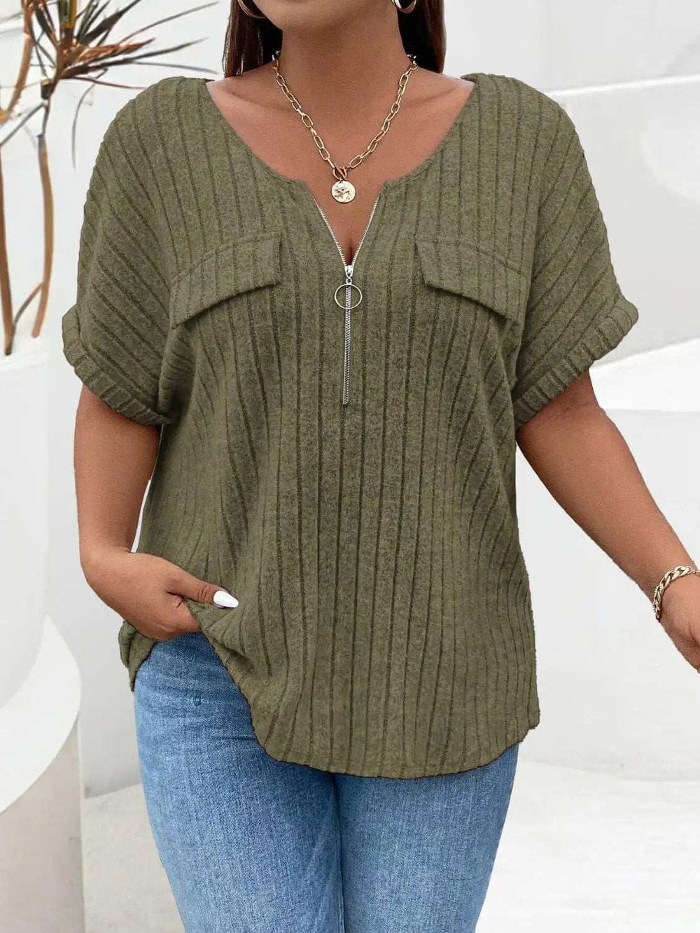 Plus Size Half Zip Short Sleeve T-Shirt - Trendsi - Flyclothing LLC