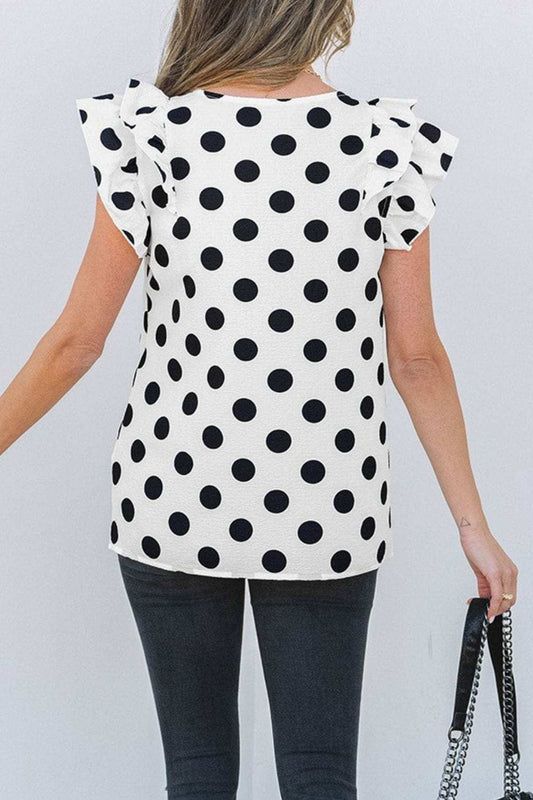 Polka Dot Ruffled Cap Sleeve V Neck Blouse - Trendsi - Flyclothing LLC