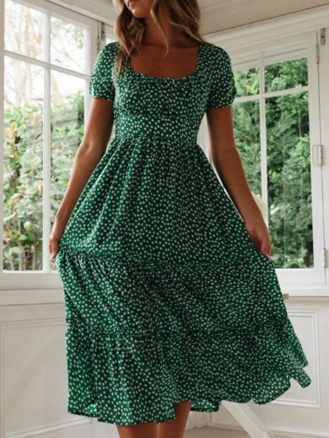 Printed Square Neck Short Sleeve Midi Dress - Trendsi - Flyclothing LLC