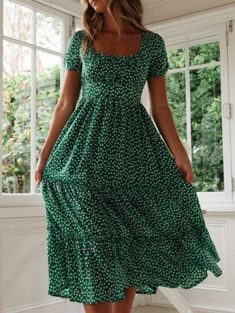 Printed Square Neck Short Sleeve Midi Dress - Trendsi - Flyclothing LLC