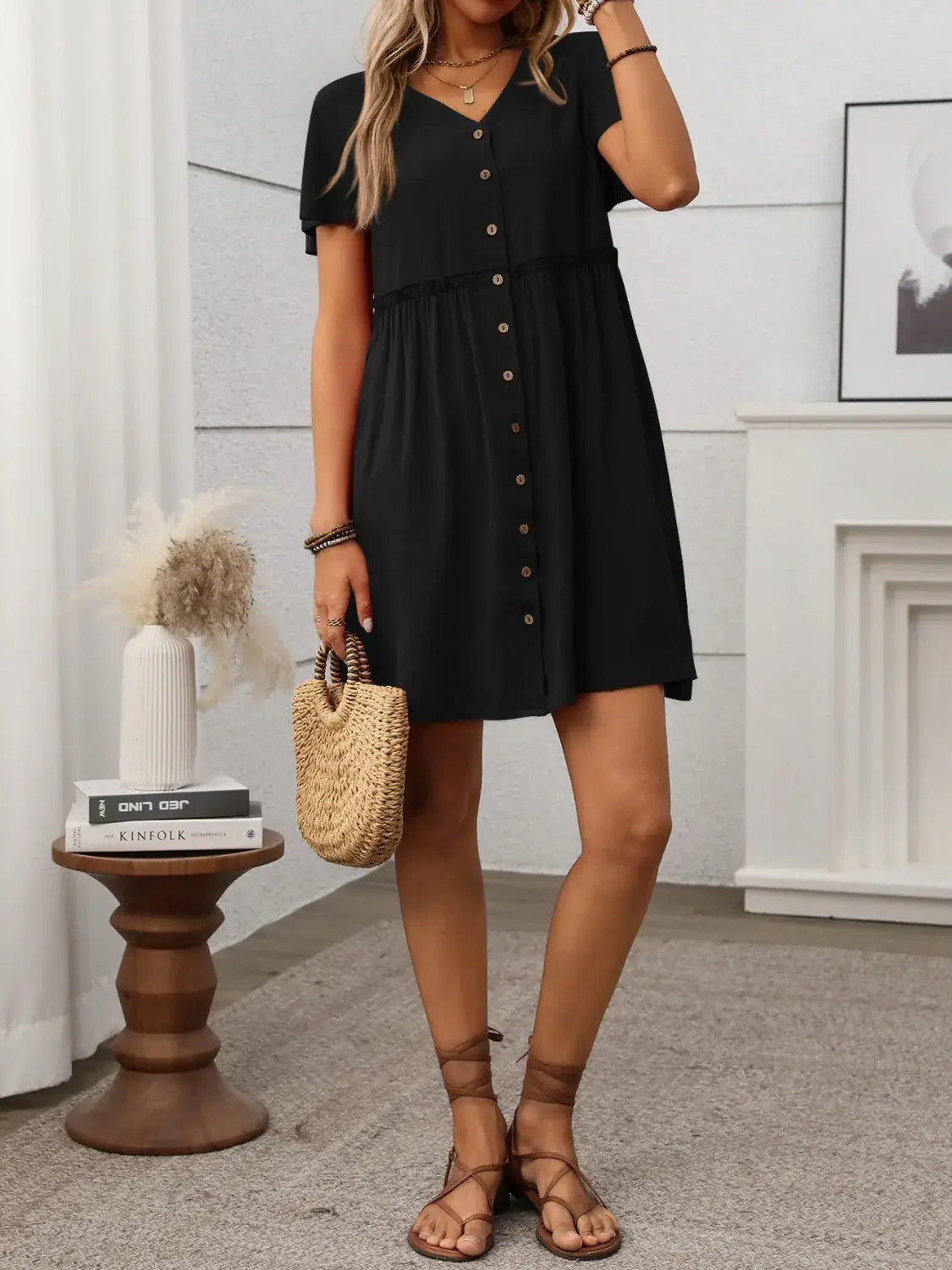 Button Front Flutter Sleeve Dress - Trendsi - Flyclothing LLC