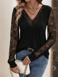 Lace Detail V-Neck Long Sleeve Top - Trendsi