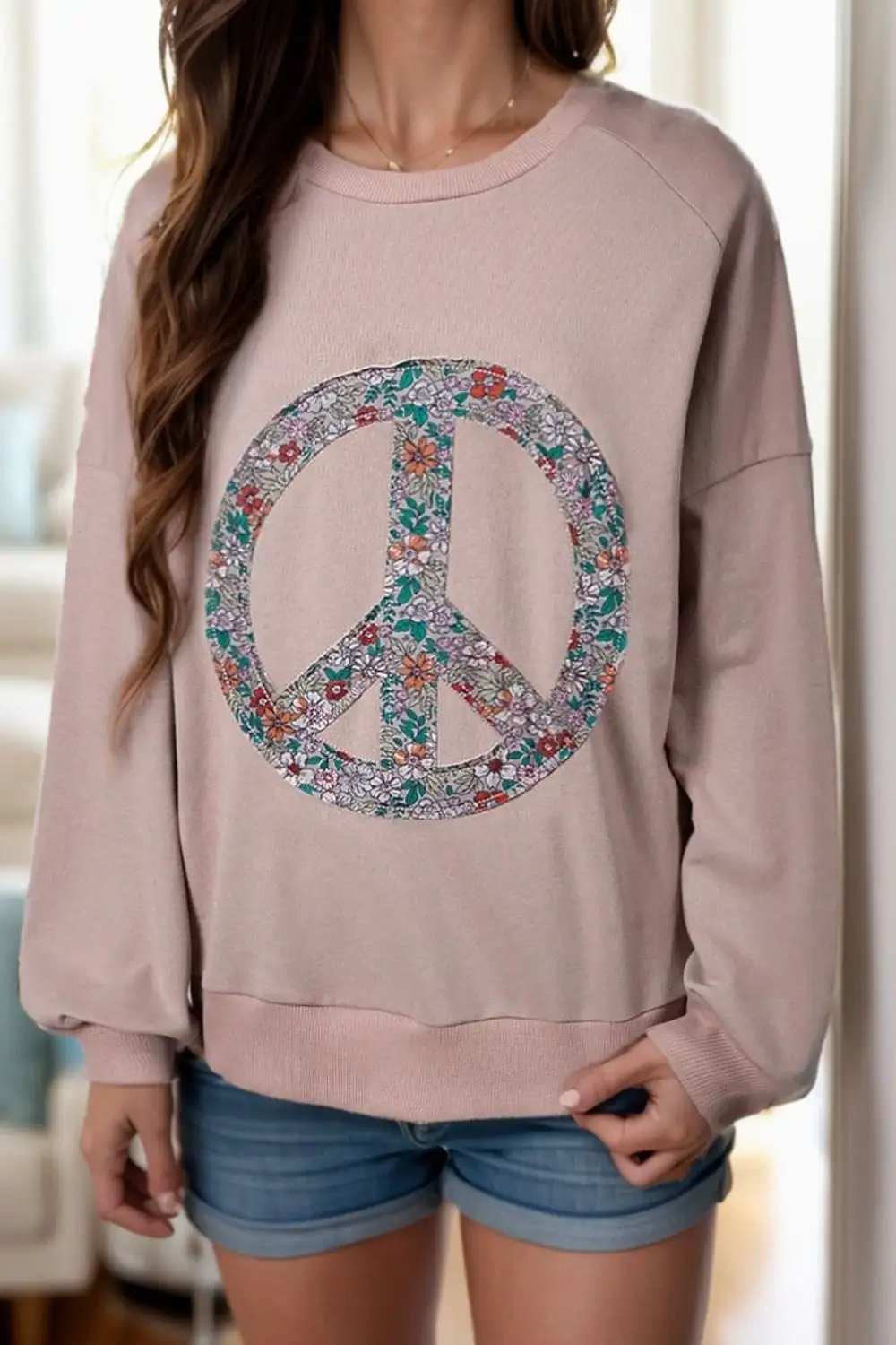 Peace Sign Applique Long Sleeve Sweatshirt - Trendsi - Flyclothing LLC