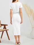 Ruched Slit V-Neck Short Sleeve Dress - Trendsi - Flyclothing LLC