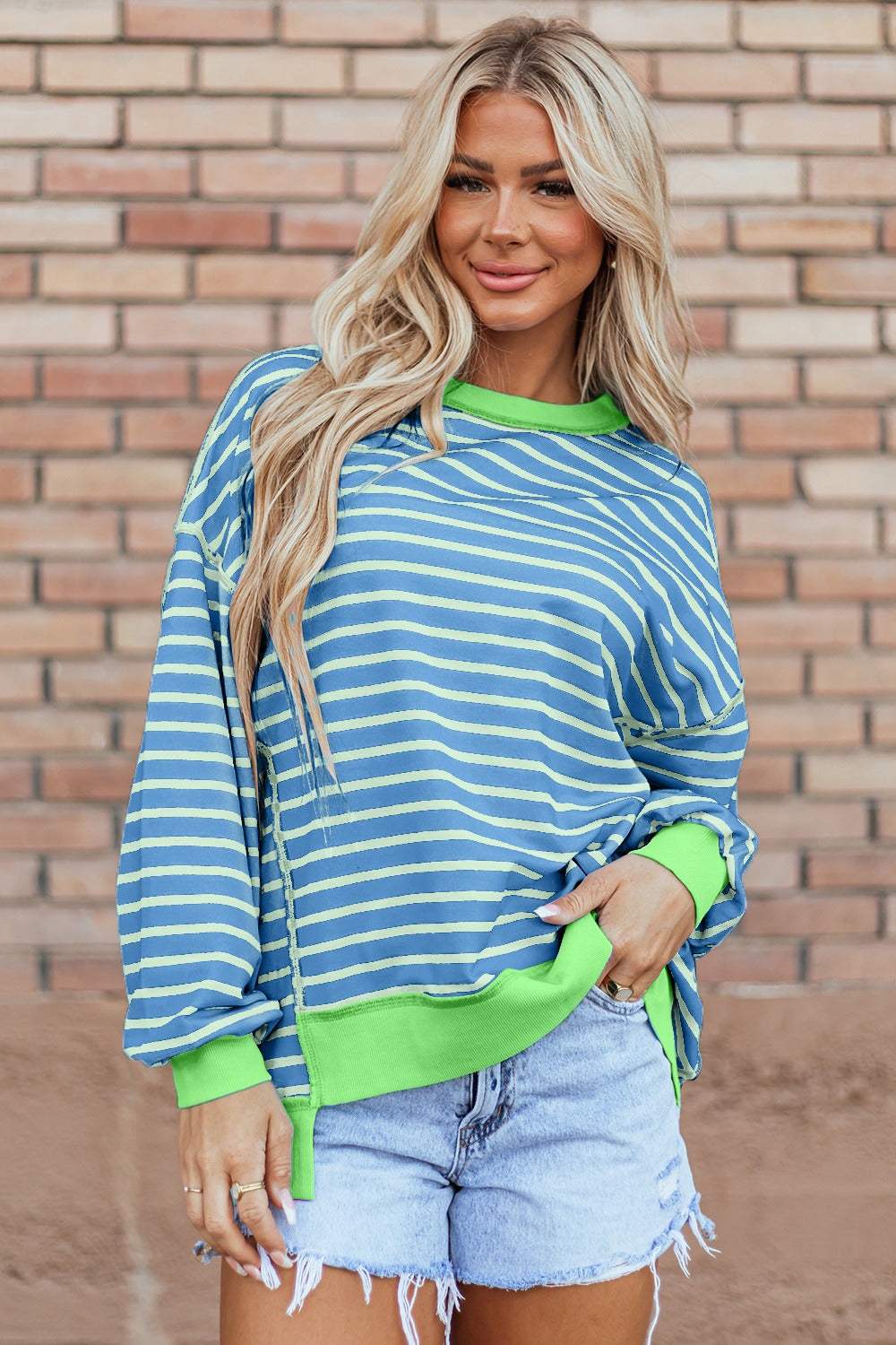 High-Low Striped Long Sleeve Sweatshirt - Trendsi - Flyclothing LLC