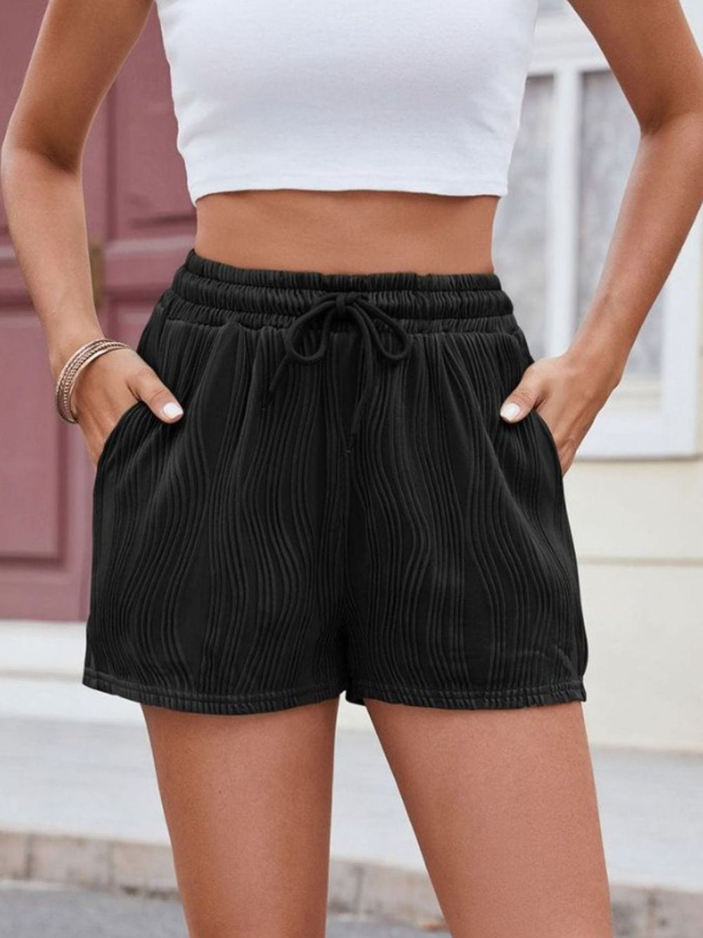 Florira Texture Drawstring Shorts - Trendsi