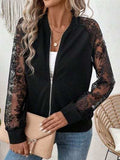 Lace Baseball Collar Zip Up Jacket - Trendsi - Flyclothing LLC