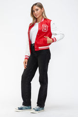 Love Me Now PU Leather Contrast Snap Down Bomber Jacket - Trendsi