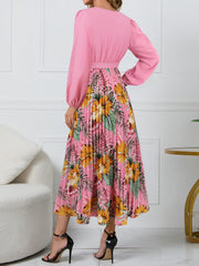 Pleated Printed Surplice Long Sleeve Dress - Trendsi