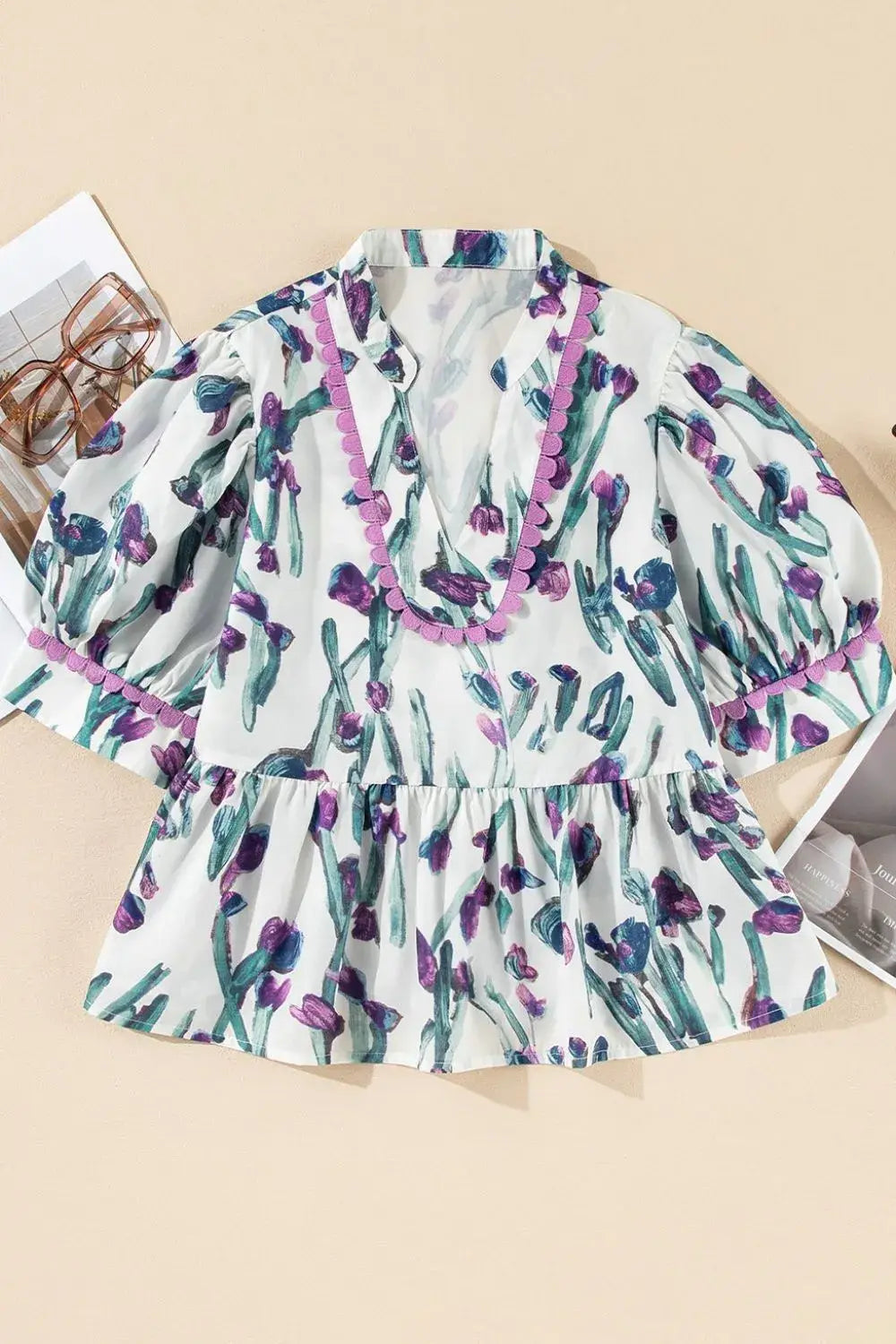 Floral Ricrac Trim Half Sleeve Peplum Top - Trendsi - Flyclothing LLC